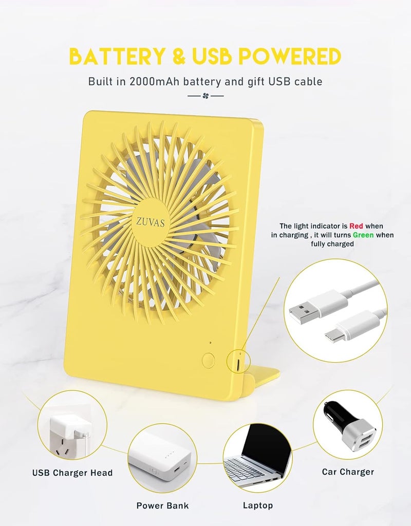 Zuvas Desk Fan Battery Operated Fan Rechargeable 180°Tilt Folding Personal Fan Ultra Quiet Small Portable 3 Speed Adjustable Strong Wind Fan For Office Bedroom Home Desktop Camping (Yellow) - Image 4